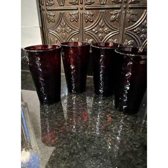Arcoroc France Glasses Tumblers Ruby Red Vercors Hammered 4 Vtg - Picture 4 of 12